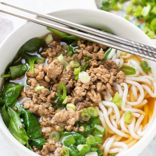 Diabetic-Friendly Pork and Spinach Noodle Soup Pork and Spinach Noodle Soup in a white bowl.