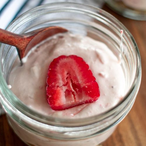 Diabetic-Friendly Strawberry Cheesecake Keto Strawberry Cheesecake in a glass mason jar.